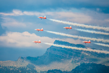 Swiss fighter jets (Patrouille Suisse) overflying the iconic Sperr mountain during the Rapperswil...