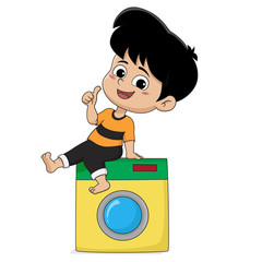 Kid help their parents wash cloths with washing machine.