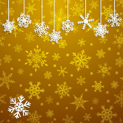 Christmas illustration with white hanging snowflakes on golden background