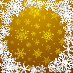 Christmas illustration with circle frame of white snowflakes on golden background