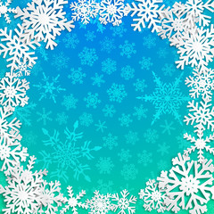Fototapeta na wymiar Christmas illustration with circle frame of white snowflakes on light blue background