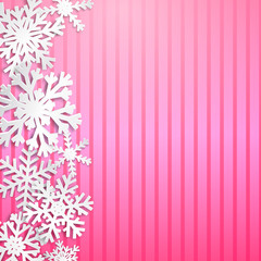 Christmas illustration with big white snowflakes with shadows on striped pink background