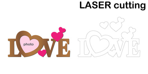 Frame for photos with inscription 'Love' for laser cutting. Collage of photo frames. Template laser cutting machine for wood and metal. The perfect gift for St. Valentine's Day.