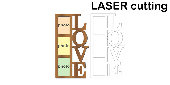 Frame for photos with inscription 'Love' for laser cutting. Collage of photo frames. Template laser cutting machine for wood and metal. The perfect gift for St. Valentine's Day.