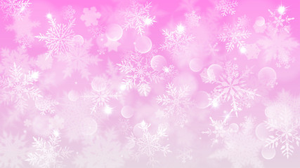 Christmas illustration with white blurred snowflakes, glare and sparkles on pink background
