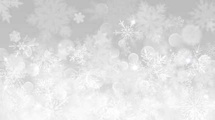 Fototapeta premium Christmas illustration with white blurred snowflakes, glare and sparkles on gray background