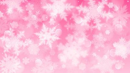 Christmas illustration with white blurred snowflakes, glare and sparkles on pink background