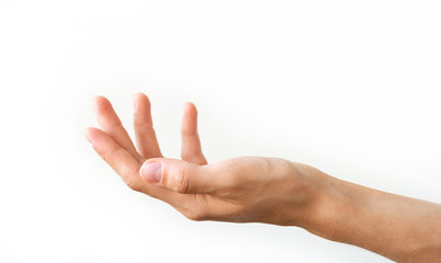 Female hand on a white background. Gesture of offer or request.