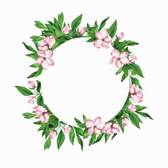 Spring pink flowers and green leaves wreath isolated on white background. Hand drawn watercolor illustration.