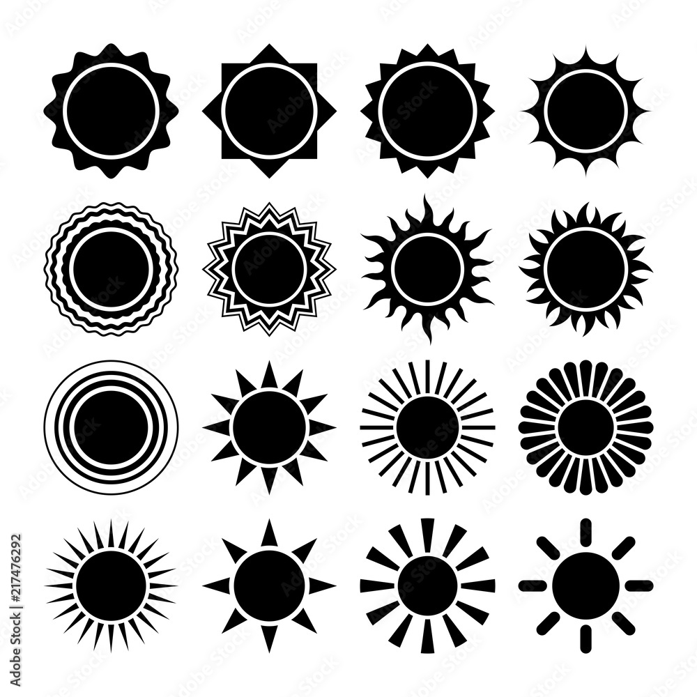 Poster set of vector sun icons. 16 different symbols for your design.