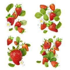 Flying Fresh tasty ripe strawberry with green leaves isolated