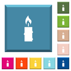 Burning candle with melting wax white icons on edged square buttons
