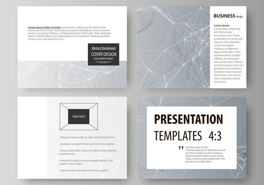 Set of business templates for presentation slides. Abstract vector layouts in flat design. Chemistry pattern, connecting lines and dots, molecule structure, scientific medical DNA research.