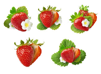 Fresh juicy strawberry with green leaves isolated