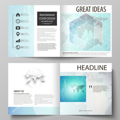 The vector illustration of the editable layout of two covers templates for square design bi fold brochure, magazine, flyer, booklet. Molecule structure, connecting lines and dots. Technology concept.