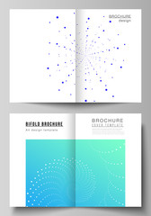 The vector layout of two A4 format modern cover mockups design templates for bifold brochure, magazine, flyer, booklet, annual report. Geometric technology background. Abstract monochrome vortex trail