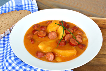Potato Goulash with Sausage (German name is kartoffel wurst gulasch)
European food menu.