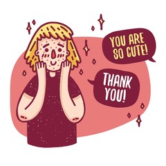 Design of body positive poster with a young girl with irritation. Cute woman with acne. Motivational feminist poster. Print with a female cartoon character teenager with problem skin. Vector