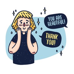 Design a banner with a cute blonde girl. A poster with a cartoon character of a woman receiving a compliment. A beautiful face with emotions of joy and embarrassment. Vector