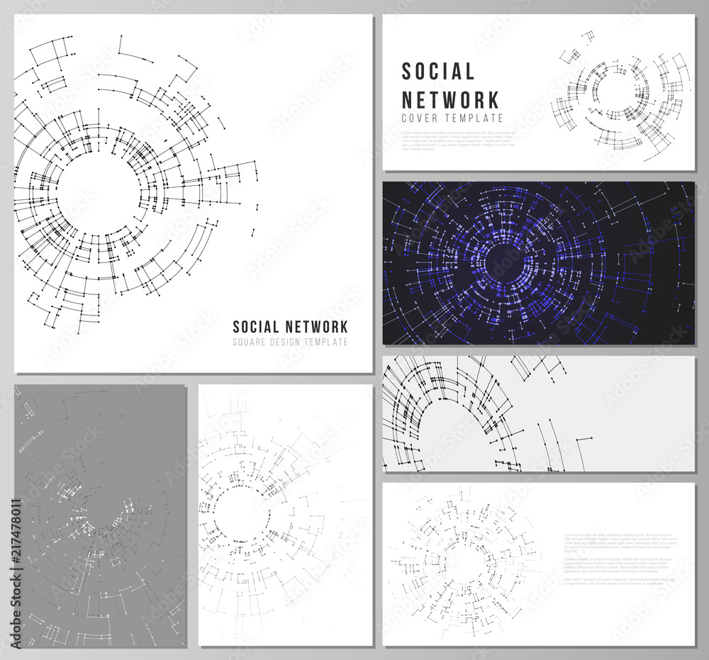 Poster The minimalistic abstract vector layouts of modern social network mockups in popular formats. Network connection concept with connecting lines and dots. Technology design, digital geometric background