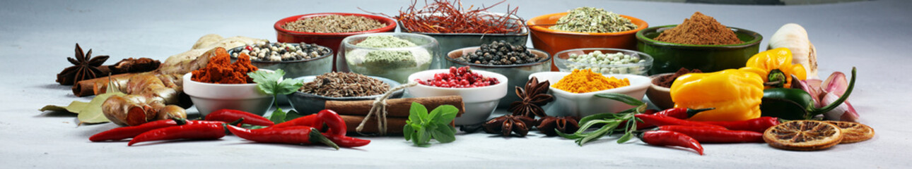 Spices and herbs on table. Food and cuisine ingredients.