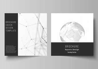 Vector layout of two square format covers design templates for brochure, flyer. Futuristic design with world globe, connecting lines and dots. Global network connections, technology digital concept.