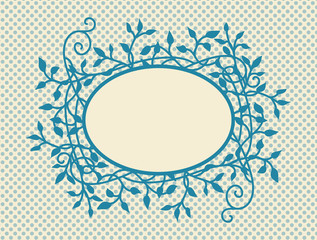 retro polka dot background with blank oval  frame with fancy ivy and vine design in dark blue on soft yellow beige background color