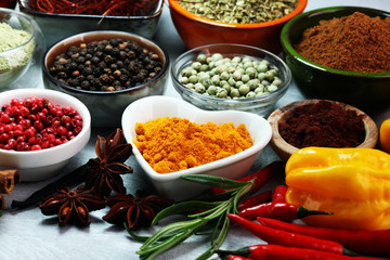 Spices and herbs on table. Food and cuisine ingredients.