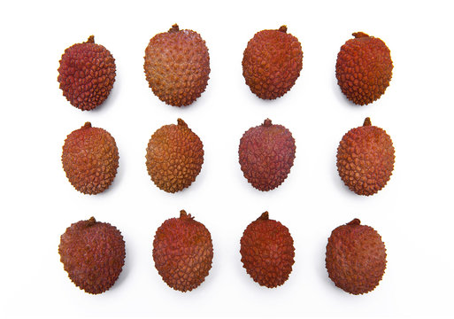 Twelve Lychee, Litchi fruits isolated on the white background
