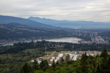 Fototapeta na wymiar Aerial view of industrial sites in Port Moody. Taken from Burnaby Mountain, Vancouver, British Columbia, Canada.