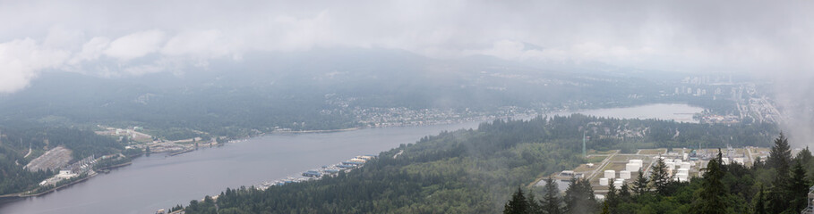 Aerial view of industrial sites in Port Moody. Taken from Burnaby Mountain, Vancouver, British Columbia, Canada.