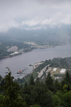 Aerial view of industrial sites in Port Moody. Taken from Burnaby Mountain, Vancouver, British Columbia, Canada.