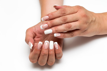 wedding classic French white manicure with sparkles and white drawings on long square nails
