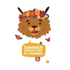 Print of a cute cartoon dog in flower wreath for the summer season. Design poster summer adventure with a cheerful doggy face. Template for funny summer card with a fluffy puppy and floral. Vector.