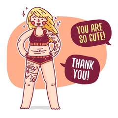 Design banner with plus size blonde girl. Poster with cartoon character of a woman. Fat girl with tattoo in swimsuit for body positive illustration. Female model overweight. Vector