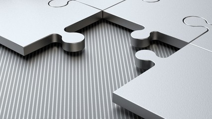 The background image of the silver pieces of the puzzle and the missing link, the part on a metal background. Abstraction, a symbol of mystery, question, problem. 3D rendering