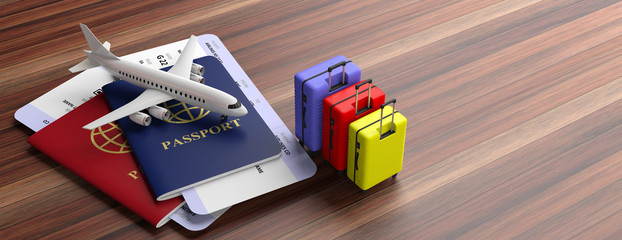 Two passports, suitcases and airplane tickets on wooden background, banner, copy space. 3d illustration