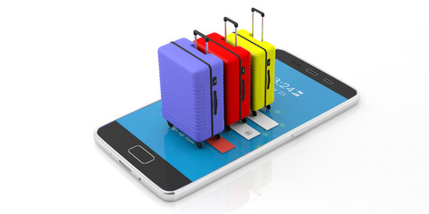 Three bright colors suitcases on a mobile phone, isolated on white background. 3d illustration