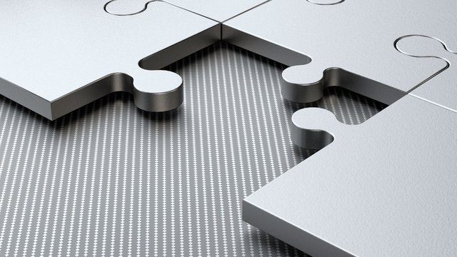 The background image of the silver pieces of the puzzle and the missing link, the part on a metal background. Abstraction, a symbol of mystery, question, problem. 3D rendering