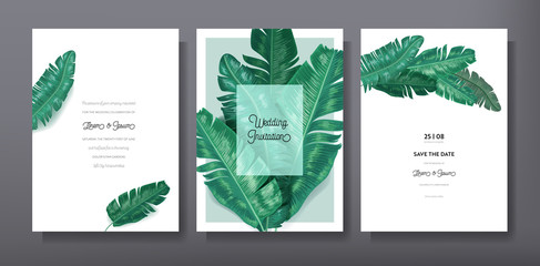 Tropical trendy greeting or invitation card template design, set of poster, flyer, brochure, cover, party advertisement, dark green palm leaves in vector