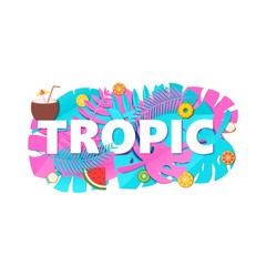 Word TROPIC composition with creative pink blue jungle leaves and fruits on white background in paper cut style. Tropical leaf letters for poster, banner flyer T-shirt printing, Vector illustration