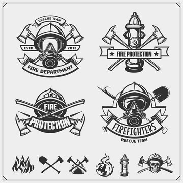 Set of firefighter emblems, labels and design elements. Vector monochrome illustration.