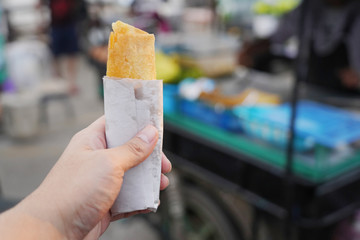 hand holding roti wrap,a crispy fried dough with sugar and sweet condensed milk