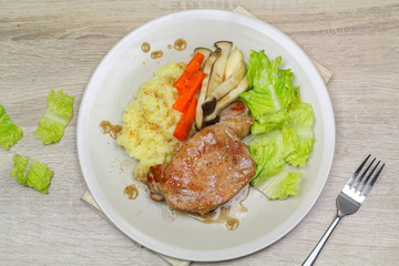 Pork steak with mashed potatoes and mushroom, green lettuce
