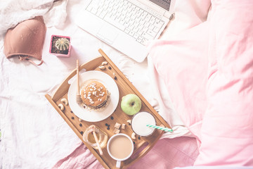 healthy breakfast in bed Coffee Milk Honey Pancake