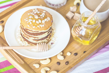 healthy breakfast in bed Coffee Milk Honey Pancake