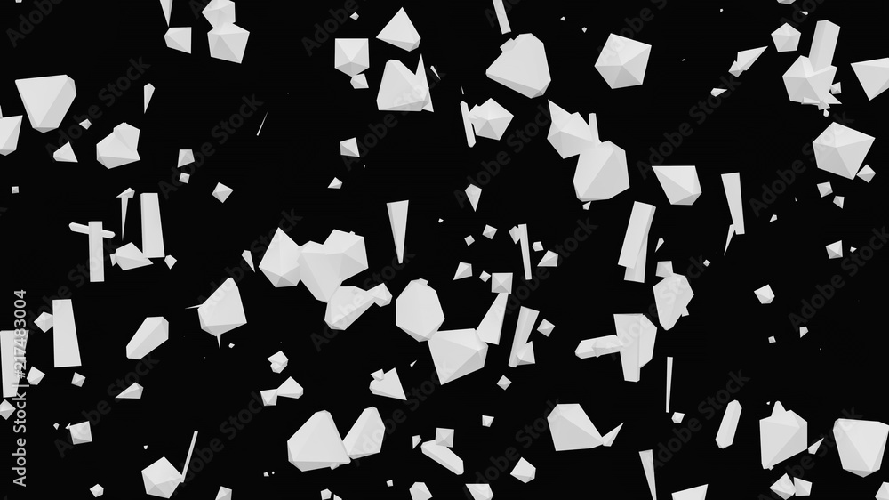 Poster abstract image of different white scattered geometric shapes on a black background, a symbol of chao