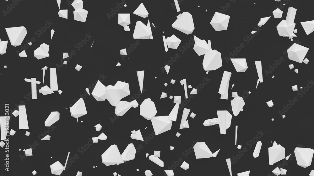 Poster abstract image of white scattered geometric shapes on a black background, a symbol of chaos and diso