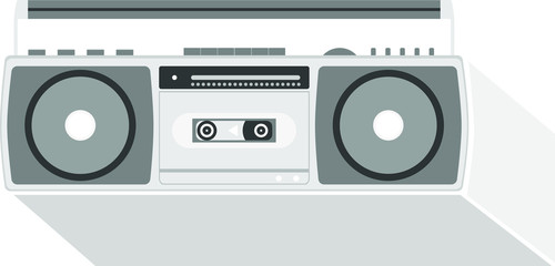Radio Cassette recorder in black and white color on white background. Retro and vintage style.