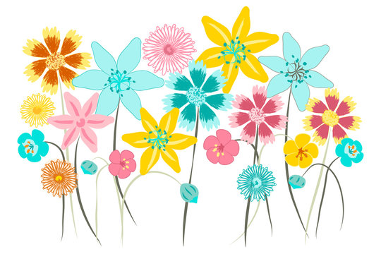 Wall art, nursery or children's room decor. Flower placement print for kids apparel. Wildflower vector illustration.